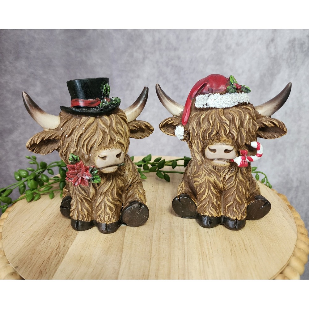 Hobby Lobby Highland Cows‎ Christmas Figurines Set Of 2 Santa Top Hat 4.5" NEW